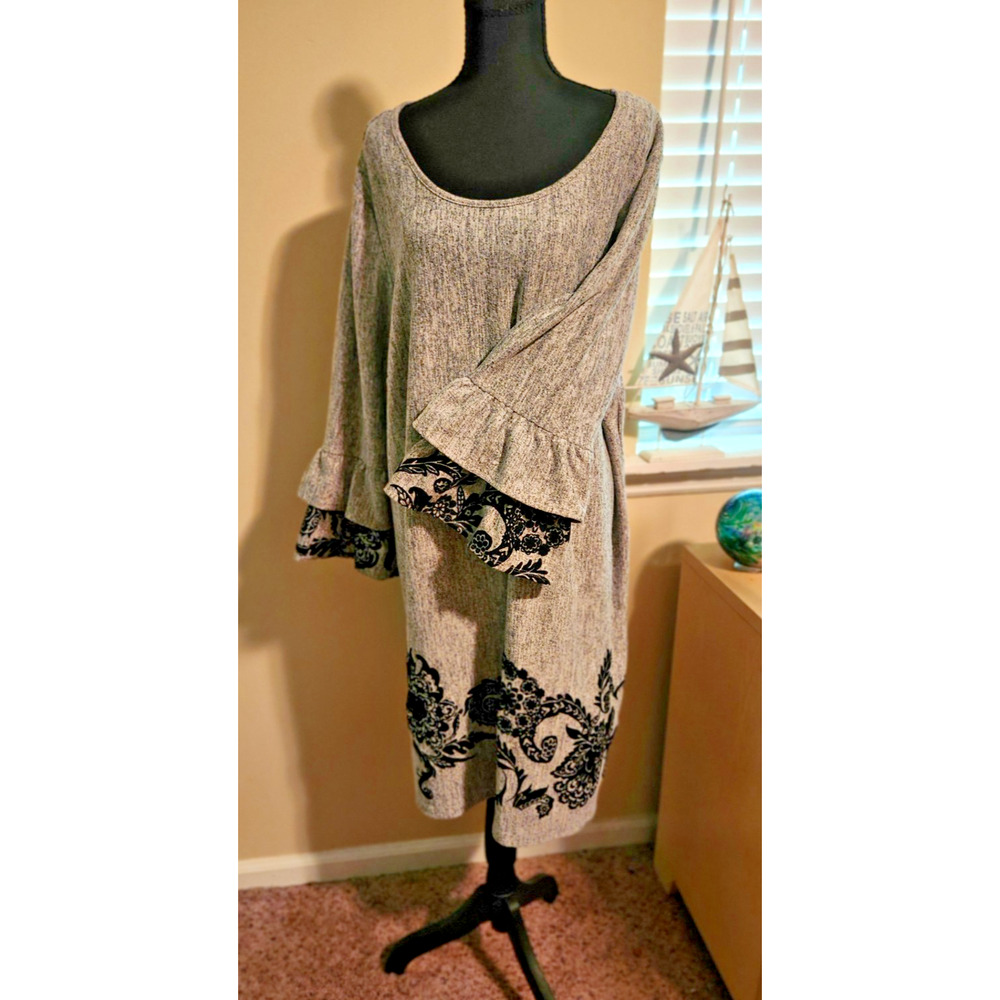 Whimsy Goth Gray Velvet‑Trim Sweater Dress 3x Romantic Ruffle Bell Sleeve - Picture 2 of 4